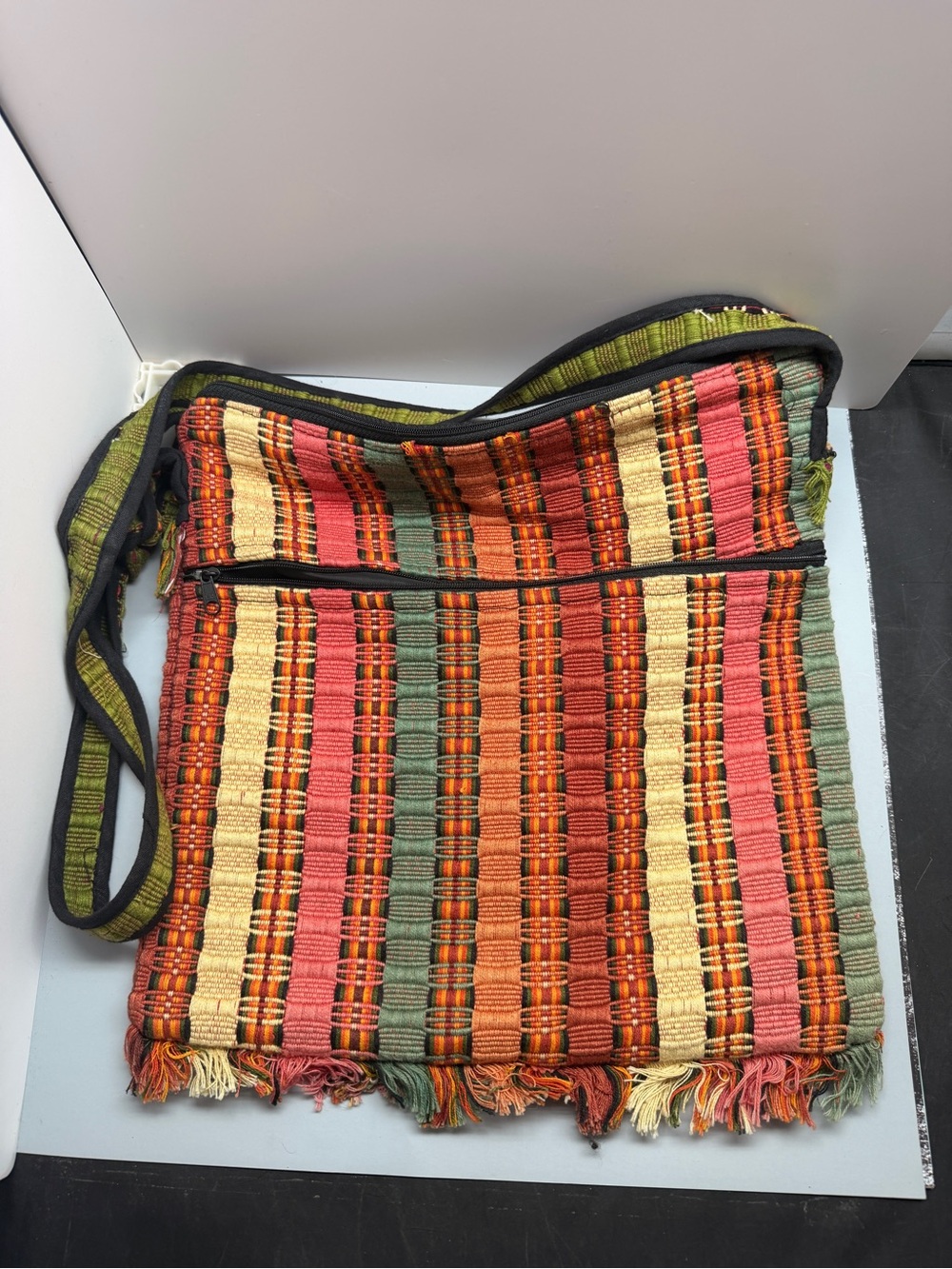 Handwoven Multicolor Stripe Crossbody Bag - Green, Orange & Red